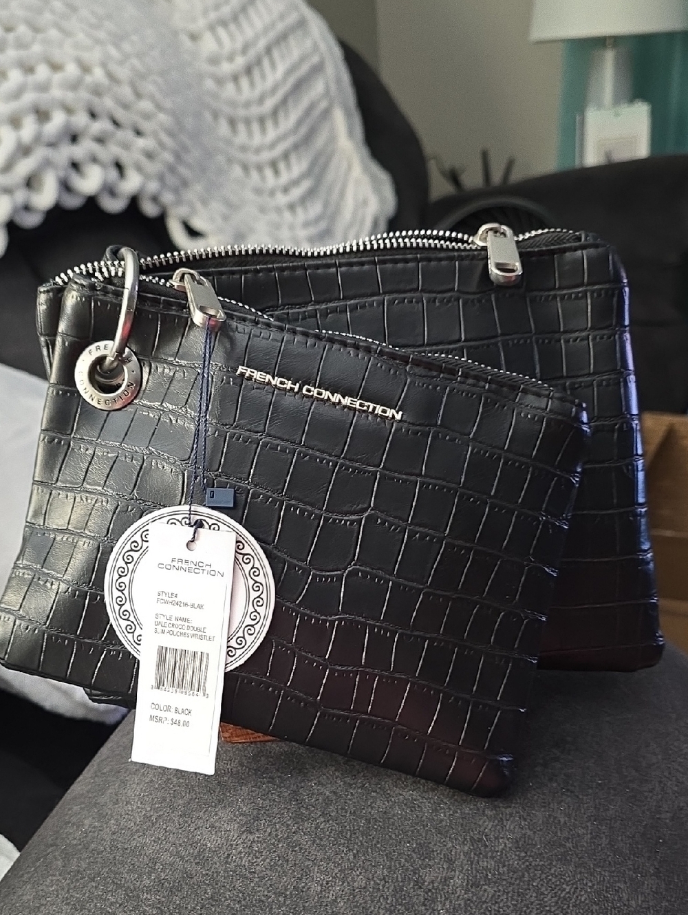 French Connection Black Croc-Embossed 2 Clutches That Separate
